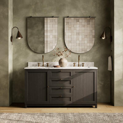 The Millie double vanity is crafted with a thick oak veneer base, Carrara marble top, iron hardware and tons of storage