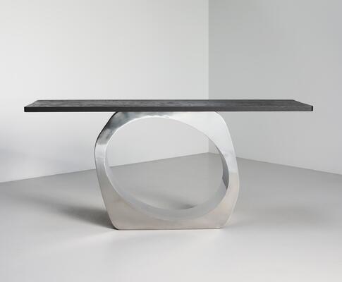 Skye Console table I in Satin Stainless Steel with Scorched Oak