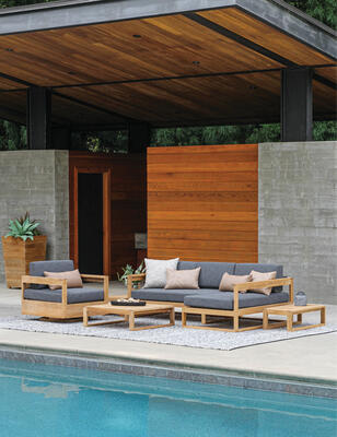 Casita teak right chaise sectional, Casita swivel teak lounge chair, teak side and coffee tables