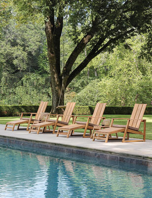 Aspen Adirondack teak chairs and footstools 