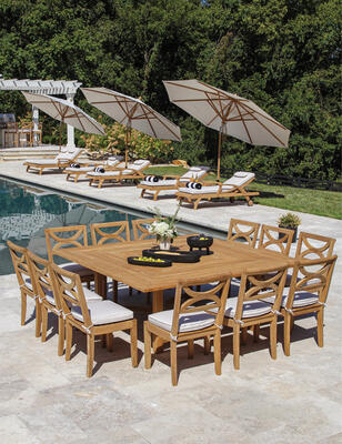 Fiori 6-foot-square teak dining table with Fiori side chairs, Fiori chaises and tilting teak umbrellas