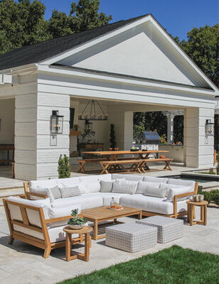 Loft sectional and lounge chair with Hudson teak coffee and side tables and outdoor poufs