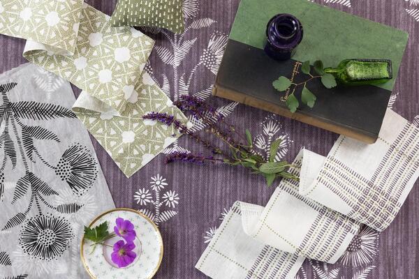 Harwick Botanical/Plum, Seville/Willow and Prairie Style Plaid/Plum fabrics