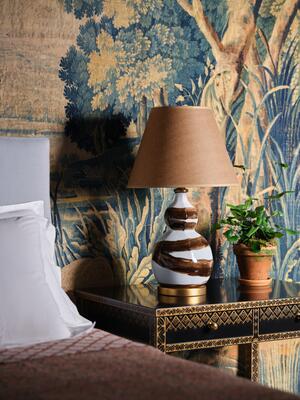 The signature Bunny Williams brushstroke design is now available on a smaller-size lamp