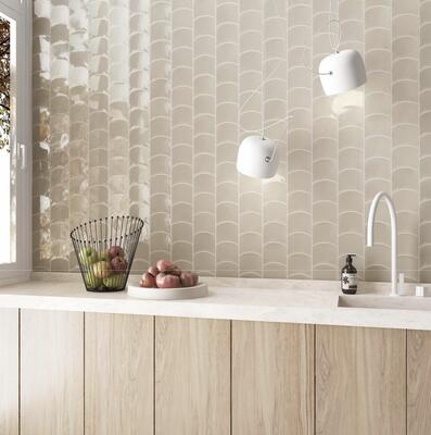 Trend 2/6, Curved Lines: Wave Old Cream ceramic wall tile, 5" x 5" • 484290