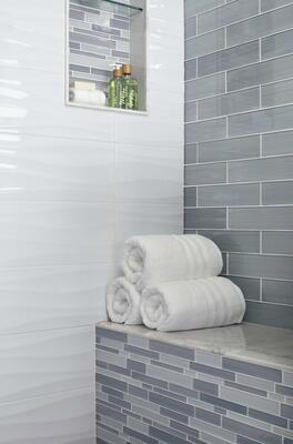 Trend 2/6, Curved Lines: Blanco Waves ceramic wall tile, 8" x 24" • 494248