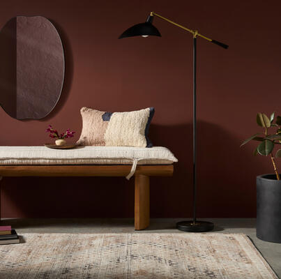 Miro bench • MIRO-001; Kabul rug • KLB-2300; Auburn mirror • RUB-002; Nebulora floor lamp • NBL-001
