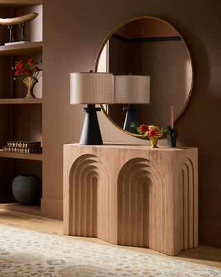 Arwyn console table • ARWN-002; Icacos accent lamp • ICS-001; Georgine mirror GEI-002