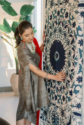 Soni Mehra with her new Suzani tapestry throw in Navy