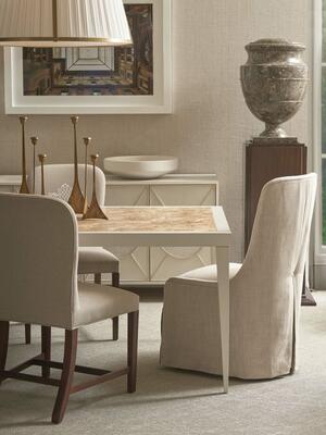 Tessa M2M dining table with burl insert, Evelyn waterfall dining chair, Chippendale side chair