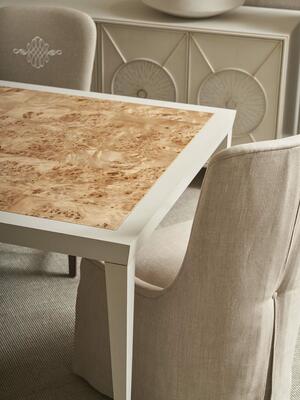 Tessa M2M dining table with burl insert