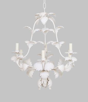 Disressed ivory paint brightens up the Compiegne Leaf chandelier, now availble in multiple sizes 