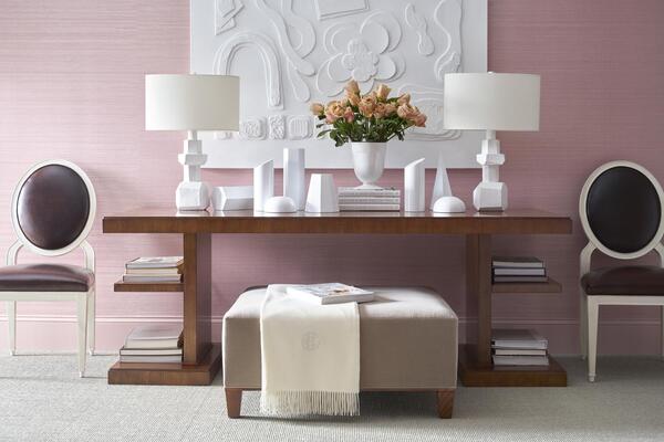 Dalton library table, Rosewood side chairs and Inman ottoman by Suzanne Kasler, plus cashmere throw