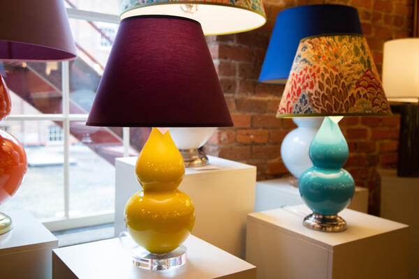 The Double Gourd table lamp from the Custom Color collection, shown in Pumpkin, Citron, Peacock, Lily and Baby Blue