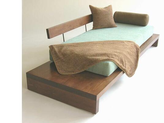 Oscar’s Sofa/Daybed, shown in aqua/sage chenille on solid stained alder frame

designed by SMJ