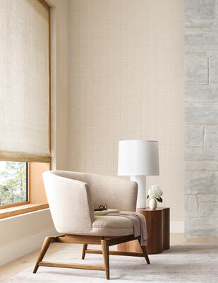 Quietude natural wallcovering paired with Stratus handwoven windowcovering