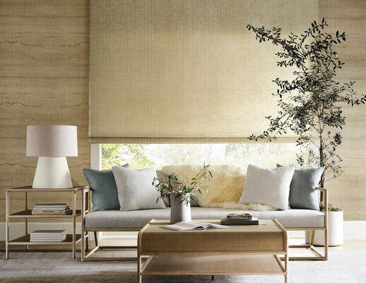 Cirrus handwoven windowcovering paired with Aquarelle natural wallcovering