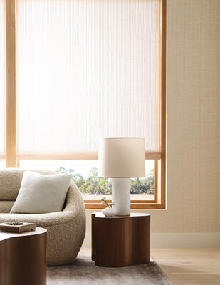 Stratus handwoven windowcovering paired with Quietude natural wallcovering