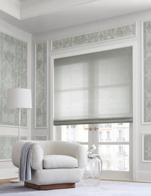 Retreat handwoven windowcovering paired with Utopia natural wallcovering