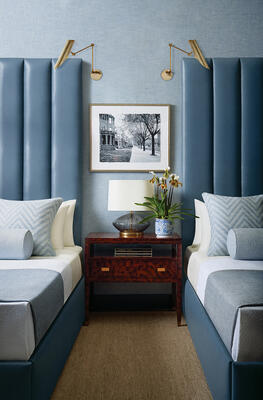 Cordoba headboard, Aliso and Ainsley pillow fabrics