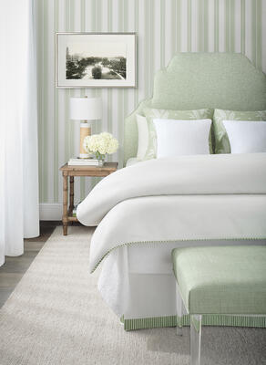 Norfolk Stripe wallcovering, Landon, Ainsley, Ensbury Fern and Balmuccia Damask fabrics