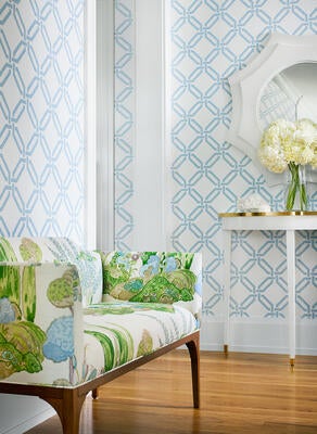 Mirmar Way wallcovering, Dorset bench in Orleans fabric