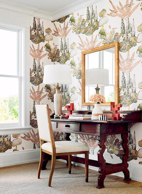 Orleans wallcovering and Lauderdale Chair in Silas and AREAS rug in Aspen
