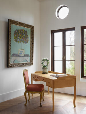 The Heron desk brings a touch of timeless style to any workspace; the Stripe cachepot adds a cheerful accent