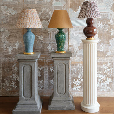 Bunny Williams Home’s latest lamps and new Cassius pedestal (right) 