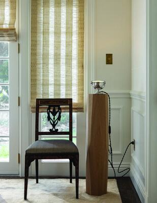 Tove handwoven windowcovering paired with Grace natural wallcovering