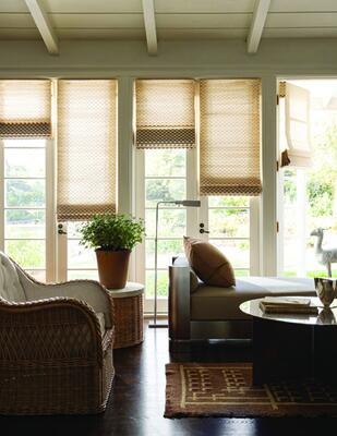 Handwoven from bamboo and thread, the Klara windowcovering is a contemporary reimagining of a classic check