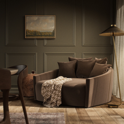 The Chloe media lounger upholstered in high-performance Crypton fabric provides roomy style for a spacious, sink-in sit; just add throw pillows and it’s the go-to for movie nights