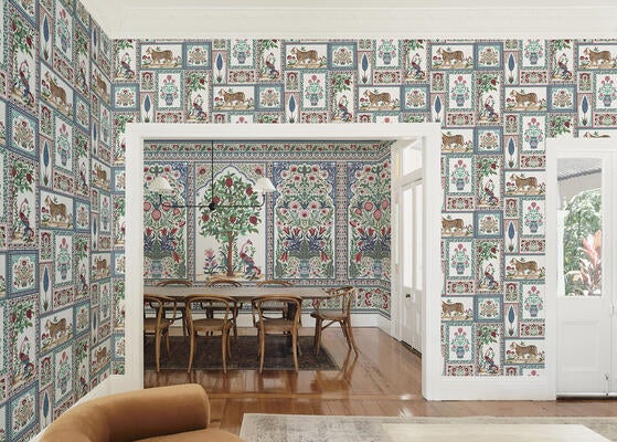 Pavilion mural and Courtyard wallpaper in Ruby