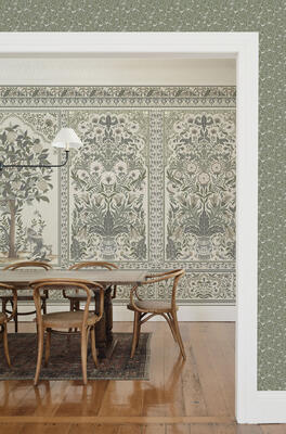 Pavilion mural and Wild Violet wallpaper in Duck Egg