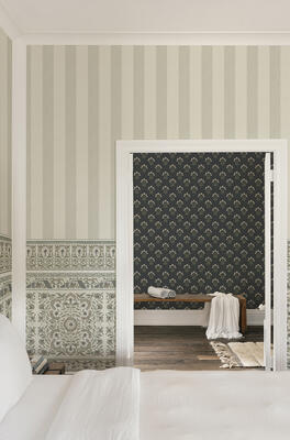 Pietra mural in Linen and Geranium wallpaper in Topaz
