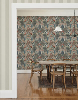 Scallop Stripe wallpaper in Linen and Peacock Garden wallpaper in Kesar