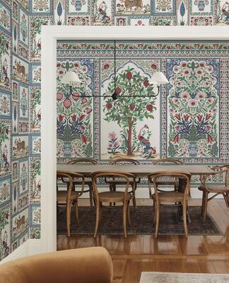Pavilion mural and Courtyard wallpaper in Ruby