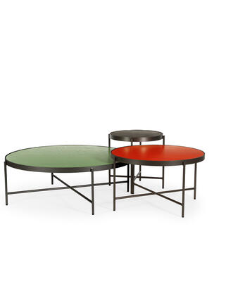 Turino tables in Sage, Poppy and Storm tops with Bronze finish