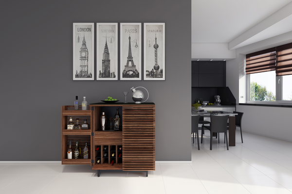 Corridor bar cabinet (5620) in Walnut with stemware rack and storage for spirits