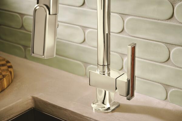 Pull-down kitchen faucet with wood inlay lever handle in Brilliance Polished Nickel