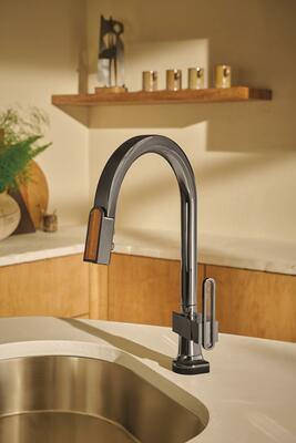 Pull-down kitchen faucet with arc spout and glass inlay arc lever handle in Brilliance Black Onyx