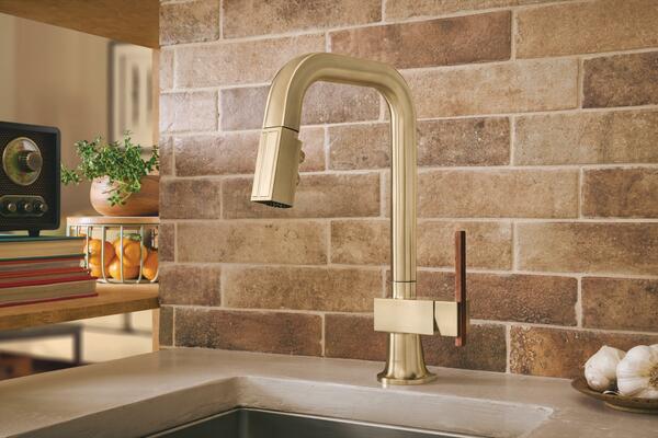 Pull-down prep faucet with square spout and wood offset lever handle in Brilliance Luxe Gold