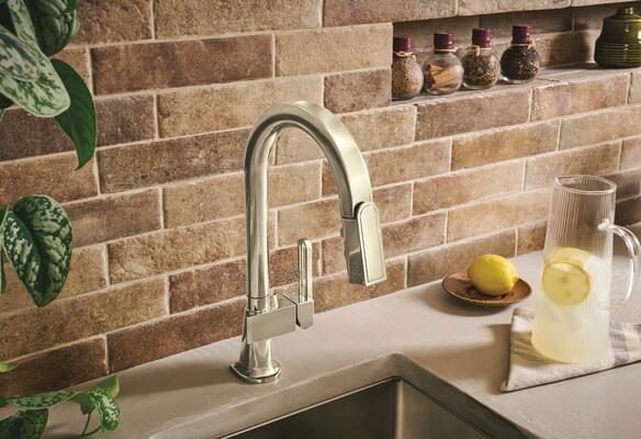 Pull-down prep faucet with arc spout and arc lever handle in Brilliance Polished Nickel