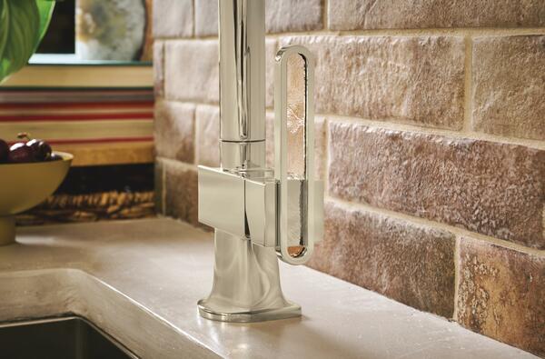 Pull-down kitchen faucet with glass inlay arc lever handle in Brilliance Polished Nickel
