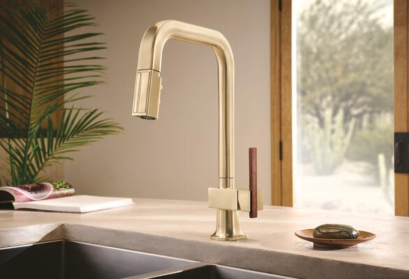 Pull-down kitchen faucet with square spout and wood offset lever handle in Brilliance Luxe Gold
