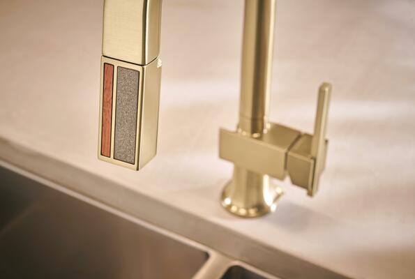 Pull-down kitchen faucet with square spout and wood/concrete wand in Brilliance Luxe Gold