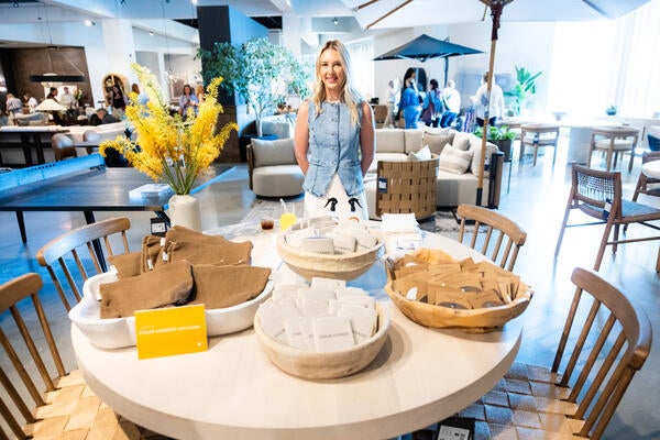 Branded cosmetic bags and cord organizers made of Crypton fabric celebrated the expanded partnership between Four Hands and the textile brand