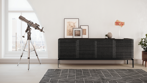 Corridor low-profile media cabinet (7129) in Charcoal-Stained Ash with flow-through ventilation