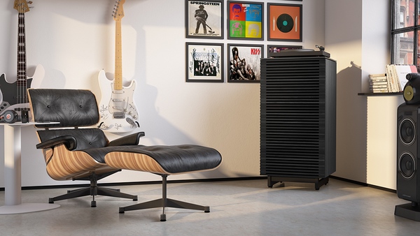 Corridor media cabinet (8172) in Charcoal-Stained Ash with louvered door design