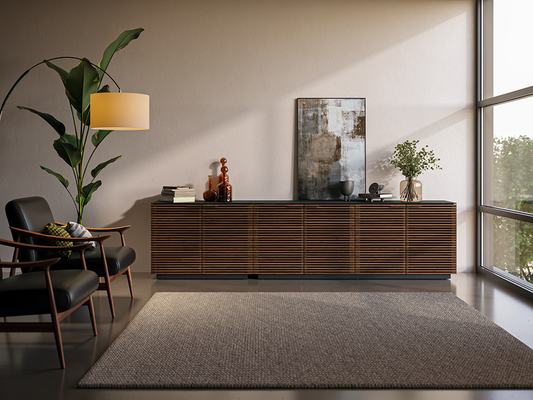 Corridor storage cabinets (8108/8109) in Natural Walnut with concealed drawers and adaptable storage
